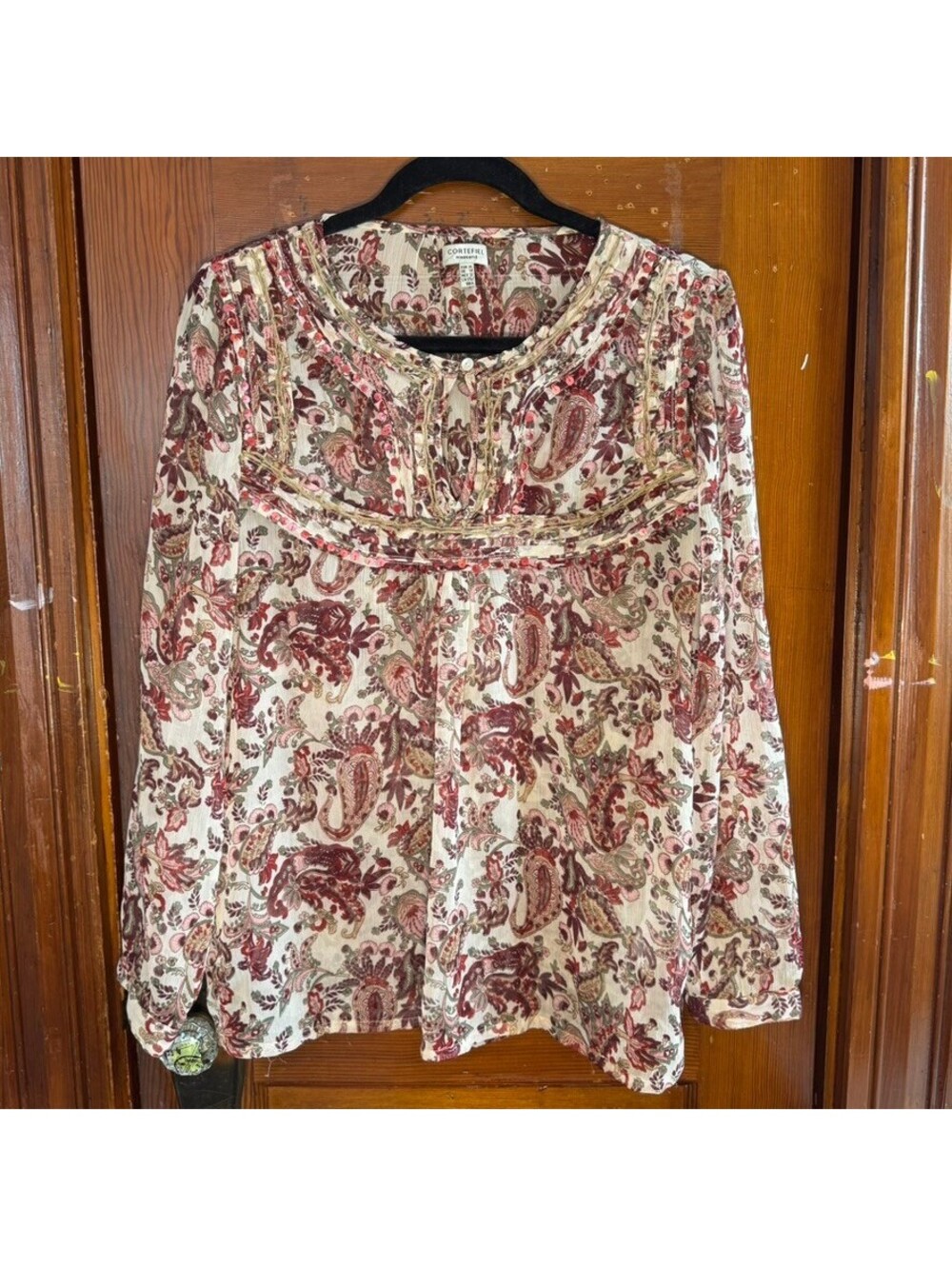 Cortefiel Sheer Paisley Boho Blouse Embroidered Long Sleeve Top